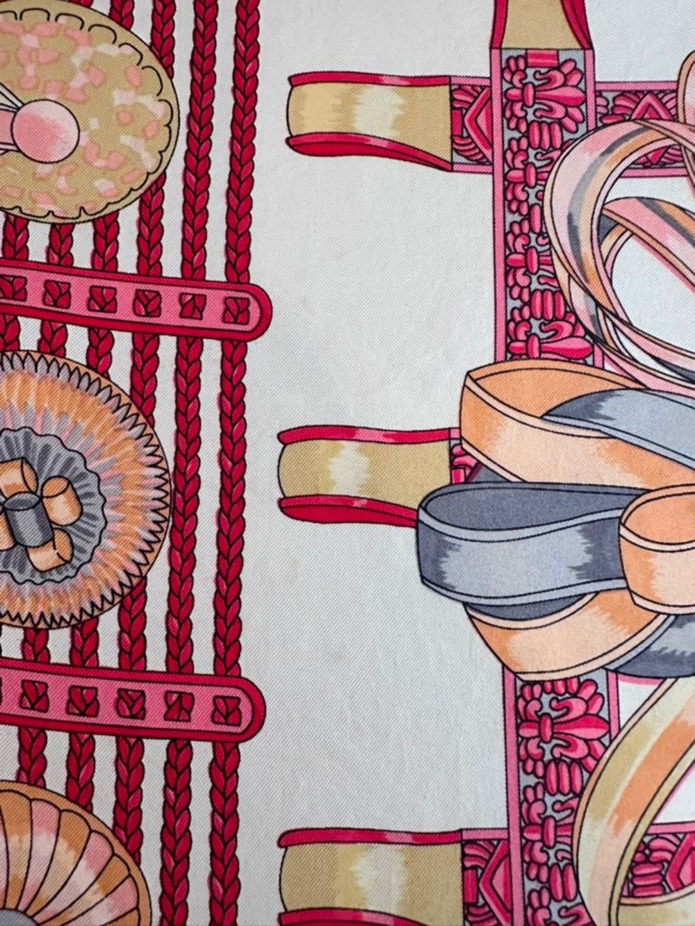 Hermes Coral, Cream & Red Ribbon Motif Silk Scarf - Picture 10 of 14